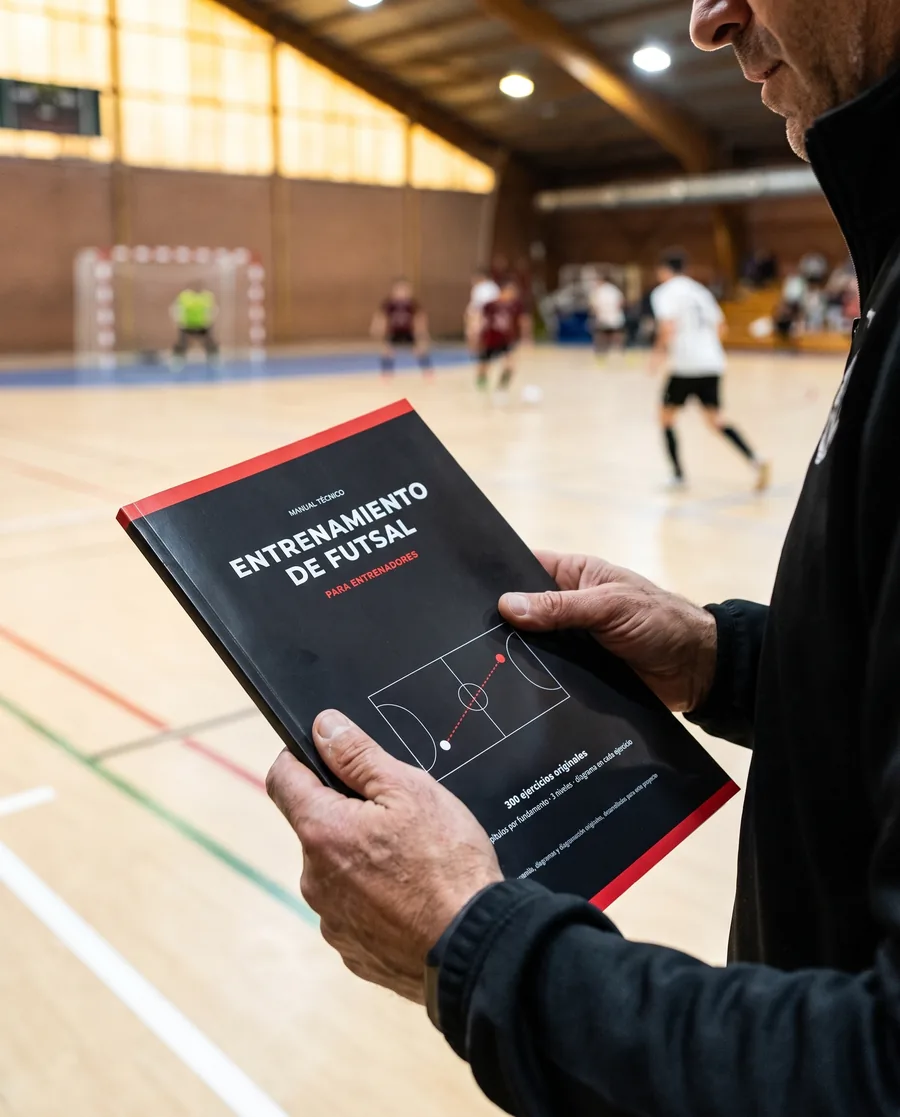 Entrenador con el manual Entrenamiento de Futsal en la mano, en la cancha
