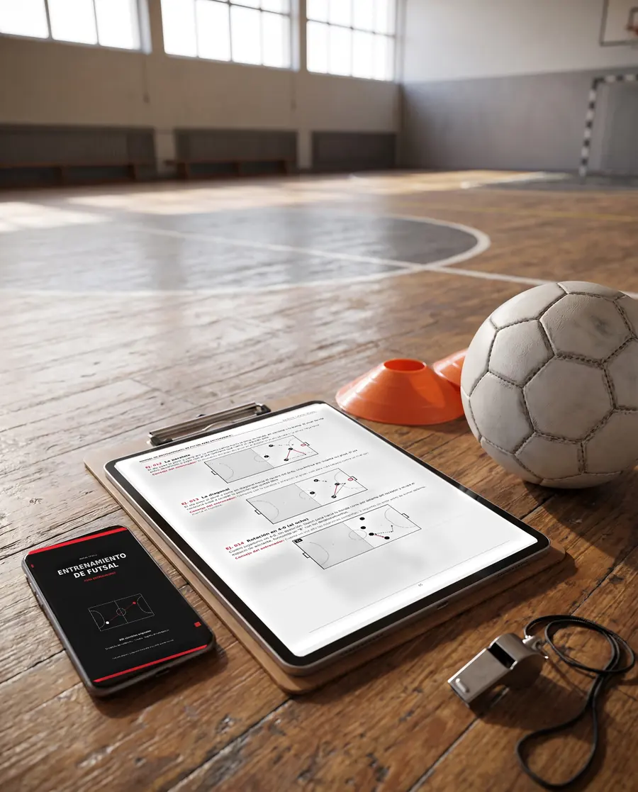 El manual abierto en la tablet y en el celular, junto a un balón y conos